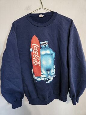 Coca Cola Navy Crewneck Sweatshirt with Red Surfboard Polar Bear Graphic 1990